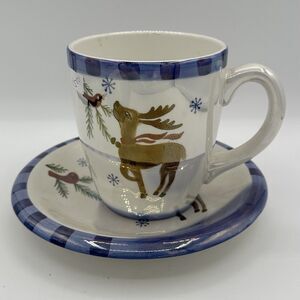Atico Glazed Christmas Reinder Cup Mug Stoneware with Matching Saucer